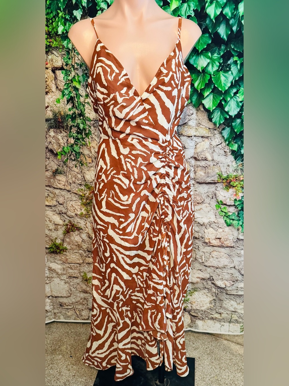 Elegant Flowy Rust Brown & White Zebra-Print Maxi Slip Dress